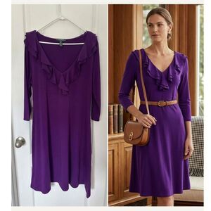 Lauren Ralph Lauren Purple Ruffle V-Neck Jersey Dress XL - Cotton Modal